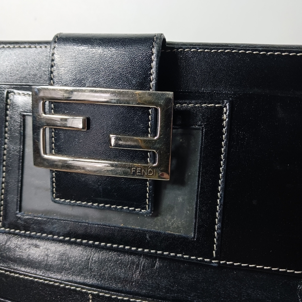 FENDI Zucchino canvas long wallet with button snap silver brass logo navy Blue - Picture 7 of 16